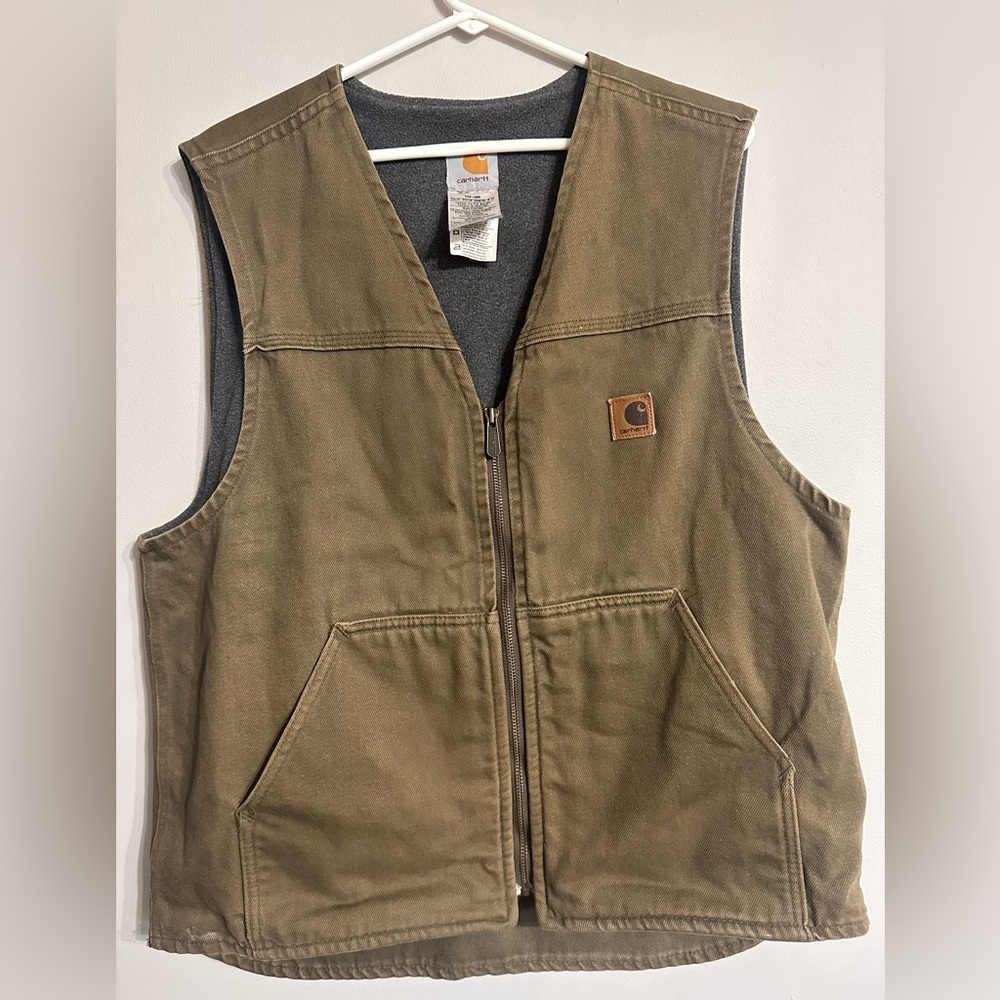 Vintage Carhartt Vest Mens L V19 BRK Canvas Fleece Lined Zip Up Brown
